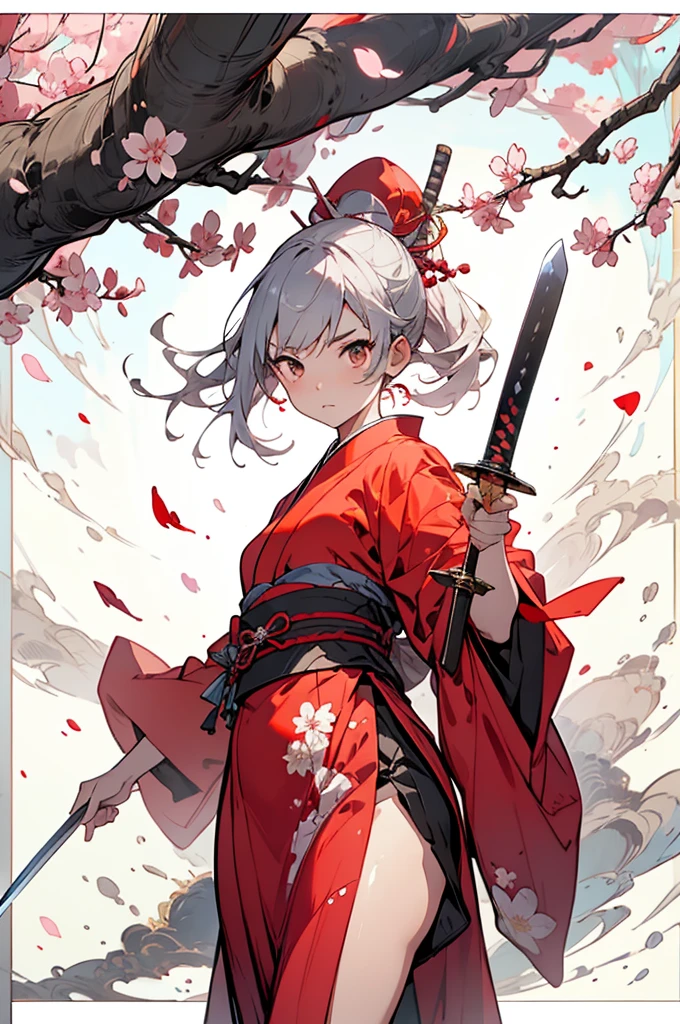 masterpiece, Ultra-high resolution, Perfect image quality, Ink Style, Chivalric Girl, Red kimono, Holding the Japan sword, Dancing, Cherry blossoms fall, Petals fluttering, Silver Berjara Jarra, attractive.