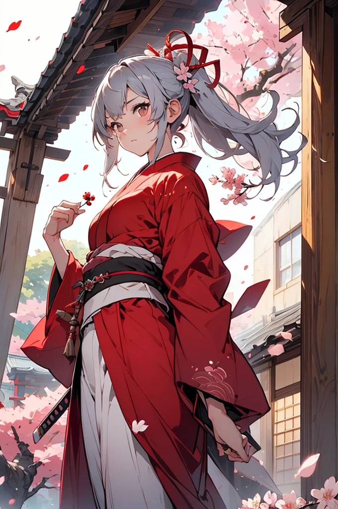 masterpiece, Ultra-high resolution, Perfect image quality, Ink Style, Chivalric Girl, Red kimono, Holding the Japan sword, Dancing, Cherry blossoms fall, Petals fluttering, Silver Berjara Jarra, attractive.
