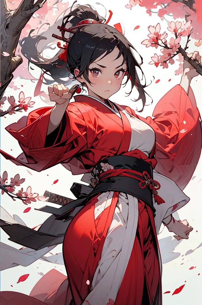 masterpiece, Ultra-high resolution, Perfect image quality, Ink Style, Chivalric Girl, Red kimono, Holding the Japan sword, Dancing, Cherry blossoms fall, Petals fluttering, Silver Berjara Jarra, attractive.