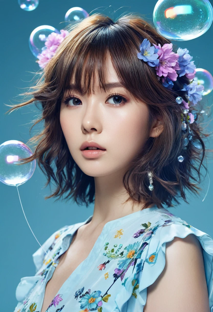 (work of art), (best qualityer), (ultra detaild),(Shaggy hair),(illustration), (1 girl), (Trendy clothes), standing, model fashion, looking ahead at viewer, (interview), (simple background),beautiful detailed eyes, delicate and beautiful face, floating,(high saturation),(colorful splashing),colorful bubble,(glimmering), facefocus, hypdertailed, kamisato ayaka, hair light blue, bangss, hair ring, floating flowers, floating hair, (glimmering), better lighting, best shade,