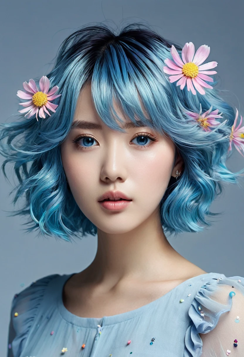 (work of art), (best qualityer), (ultra detaild),(Shaggy hair),(illustration), (1 girl), (Trendy clothes), standing, model fashion, looking ahead at viewer, (interview), (simple background),beautiful detailed eyes, delicate and beautiful face, floating,(high saturation),(colorful splashing),colorful bubble,(glimmering), facefocus,  hypdertailed, kamisato ayaka, hair light blue, bangss, hair ring, floating flowers, floating hair, (glimmering), better lighting, best shade,