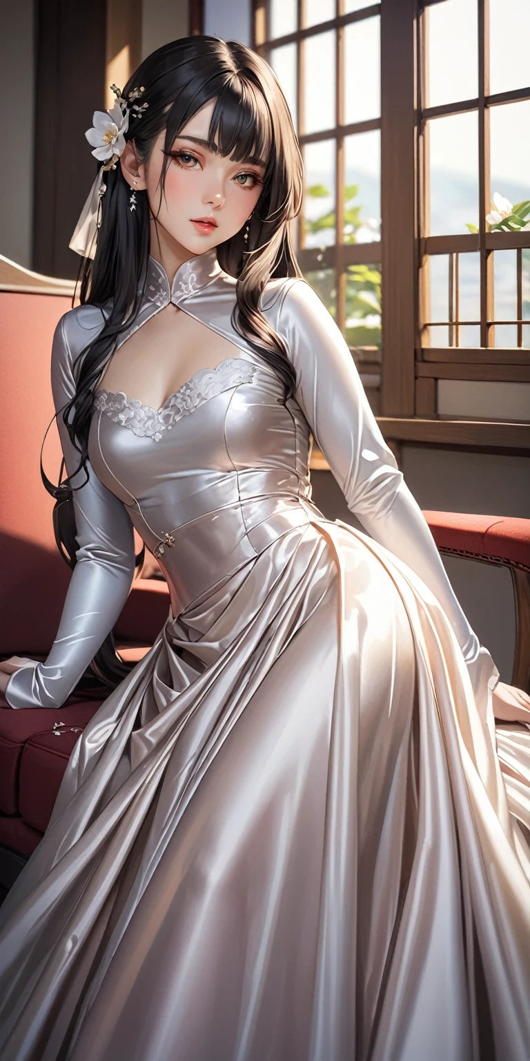Portraiture、(masterpiece,Highest quality,Ultra-high resolution),Japanese women, (((Very beautiful 25 year old girl))),She is wearing a long-sleeved dress made of shiny satin fabric.