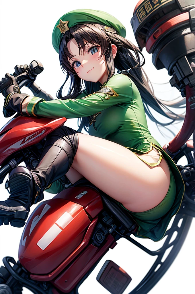 cute　Riding a super sports bike　Hong Meiling　China dress　hat　White background