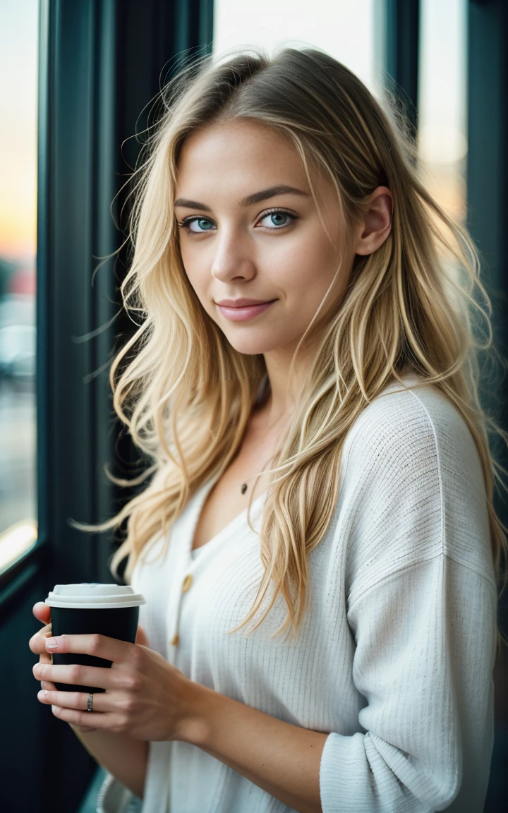 (((watercolor))), (Helena Lovista) photo of a beautiful and impressive woman, 24 years old, body in perfect shape, big green eyes, long blonde hair, messy and windy, green eyes, Beautiful blonde in beige sweater (drinking coffee inside a modern cafe at sunset), Very detailed, 24 years old, innocent face, natural wavy hair, green eyes, High resolution, masterpiece, Best Quality, intricate details, Very detailed, sharp focus, detailed skin, realist skin texture, texture, detailed eyes, professional, 4k, charming smile, shot on Canon, 85mm, shallow depth of field, Kodak Vision Color, body in perfect shape, extremely detailed, Photo_\(ultra\), photorealist, realist, post processing, maximum detail, roughness, real life, ultra realist, photorealism, Photography, 8k hd, Photography ,hair bands, by agnes cecile, Half-length portrait, extremely bright shiny design, pastel colors, (ink:1.3), autumn lights