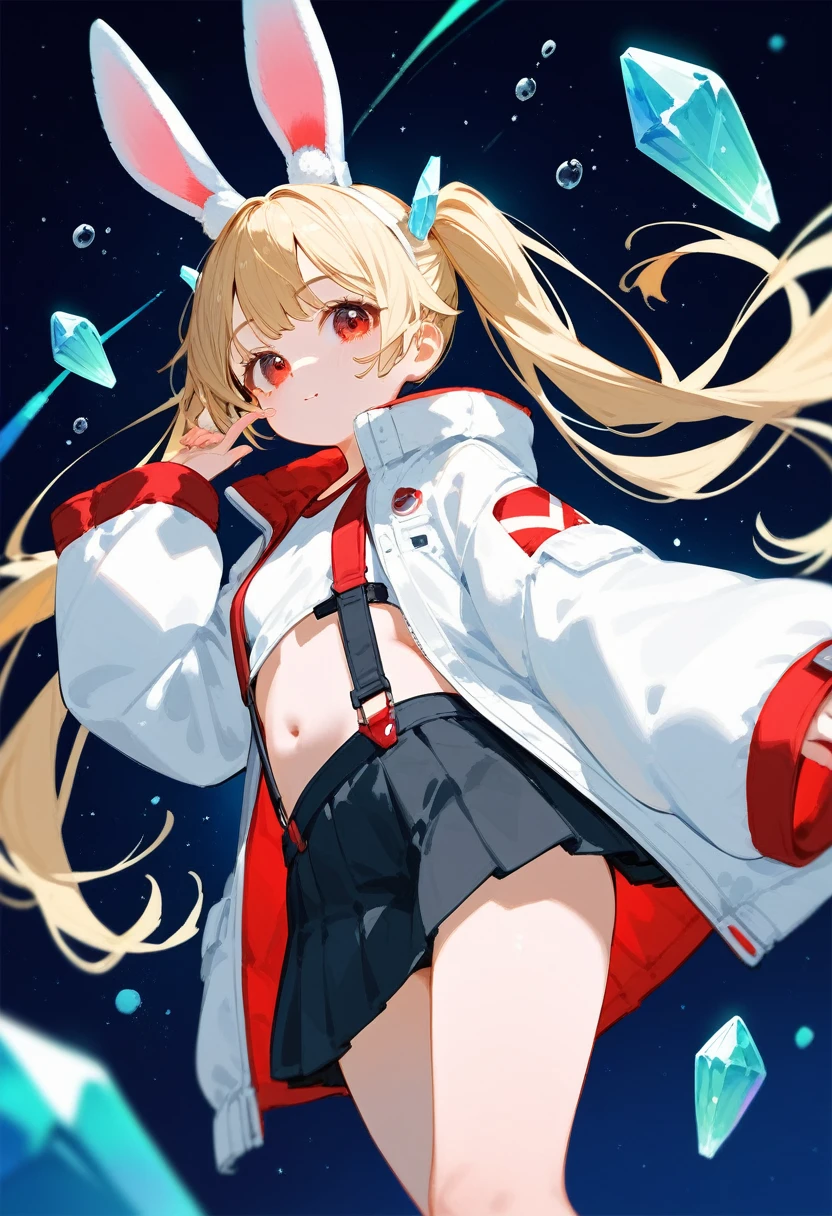 1girl,little_girl,little_body,cute_loli,ruby, blonde hair, twintails, bangs, red eyes, very long hair, crystal bunny ears, futuristic rabbit ears, wide sleeves, very short jacket, open jacket, white jacket, suspenders, futuristic outfit, bubbles, a space background in the background, 1girl, solo, skirt, blonde hair, long hair, navel, very long hair, white background, pleated skirt, long sleeves, cute, dynamic angle, cheerful