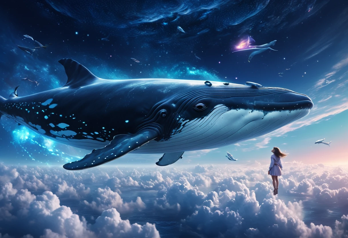 a whimsical fantasy illustration of a flying whale girl in the space, beautiful detailed eyes, beautiful detailed lips, extremely detailed eyes and face, longeyelashes, whale girl in the space, whalesflying, fantasy space galaxies landscape, magical atmosphere, glowing clouds, soft pastel colors, cinematic lighting, digital art, concept art, matte painting, (best quality,4k,8k,highres,masterpiece:1.2),ultra-detailed,(realistic,photorealistic,photo-realistic:1.37)