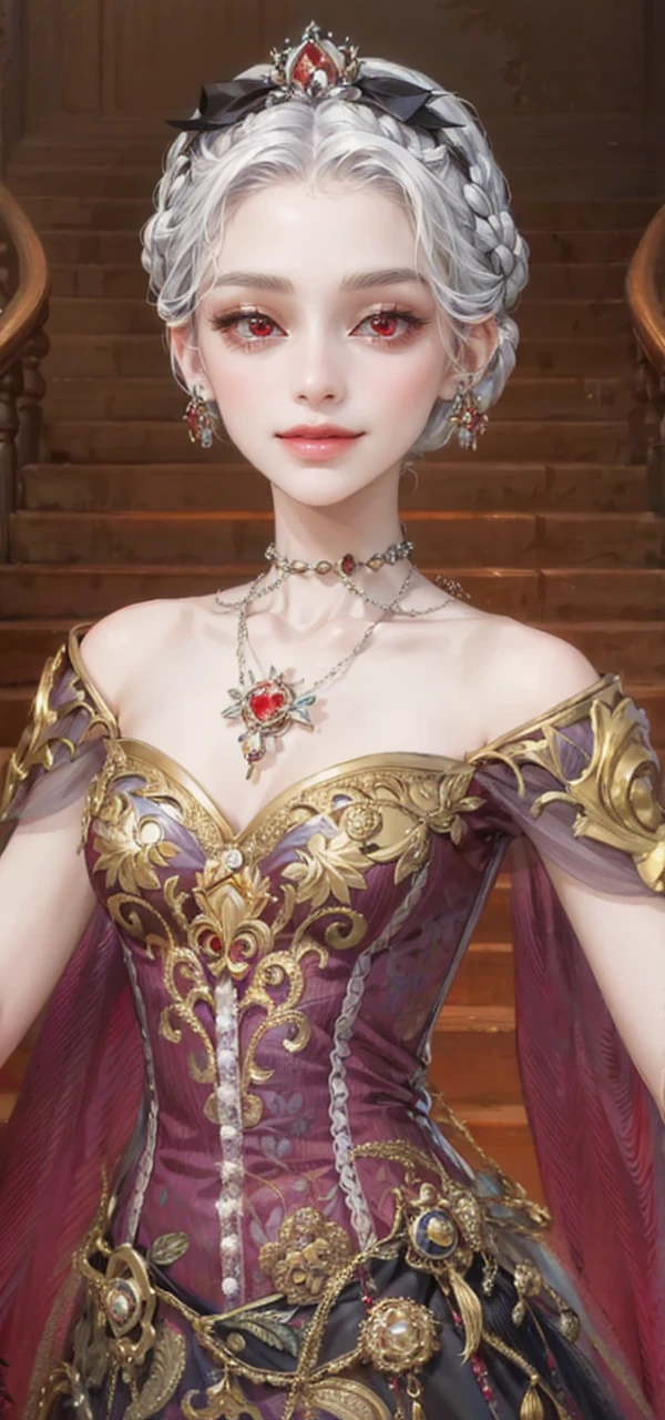 (masterpiece, top quality, best quality, official art, enchanting and aesthetic:1.2), 1female, white silver hair, royal braided hair bun, red eyes, dress, jewelry, small smirk, foxy eyes, high quality details, 4k eyes, no teeth, small smirk