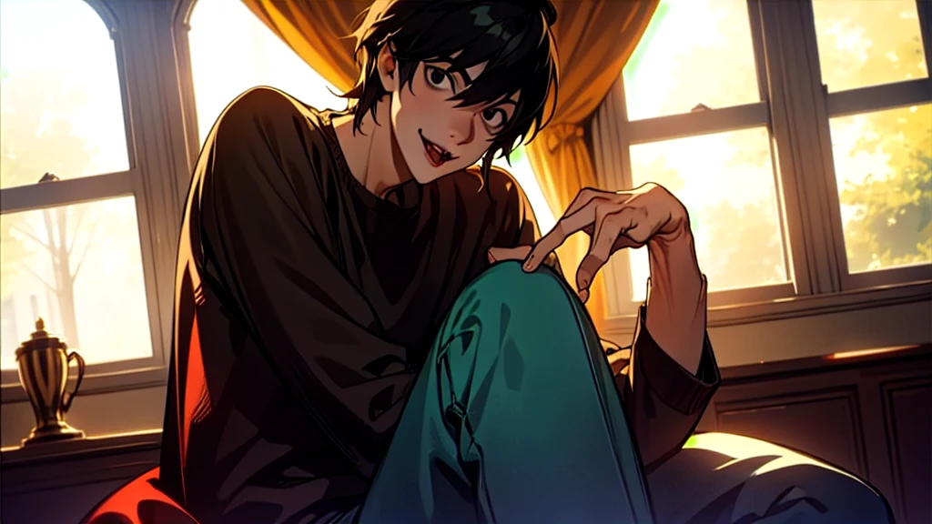 1 boy, man, perfect anatomy, mesmerizing black eyes, 8k resolution, (one person), (realism: 1.2), (masterpiece: 1.2), (cowboy frame: 1.2), dark romantic lighting, (high detail: 1.2), (detailed face: 1.2), (gradients), bright detailed eyes, (natural light: 1.2), solo, indoors, perfect lighting, (black lips), vampire fangs, perfect facial features, perfect angle, perfectly drawn eyes, man, smile, skinny, sitting