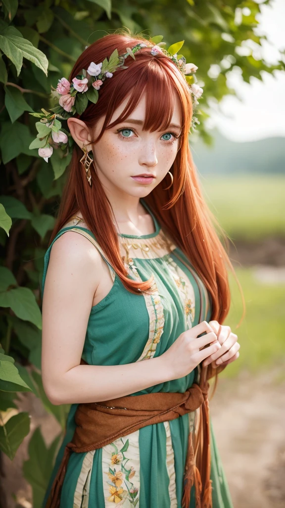 (watercolor: 1.2), elf princess, flower, freckles, bangs, redhead, long hair, green eyes, hair between eyes, flower earrings, blurred background, high resolution