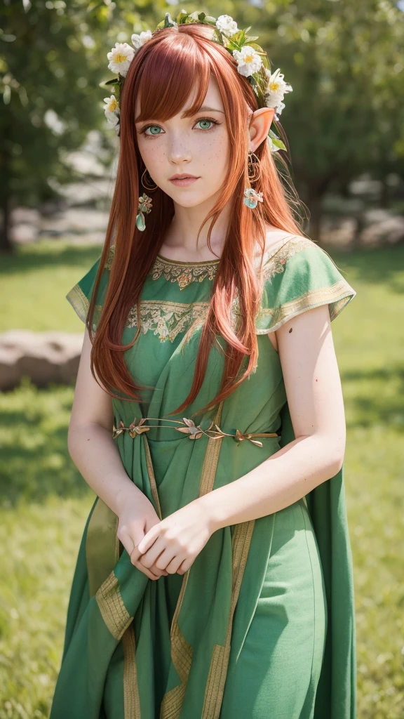 (watercolor: 1.2), elf princess, flower, freckles, bangs, redhead, long hair, green eyes, hair between eyes, flower earrings, blurred background, high resolution