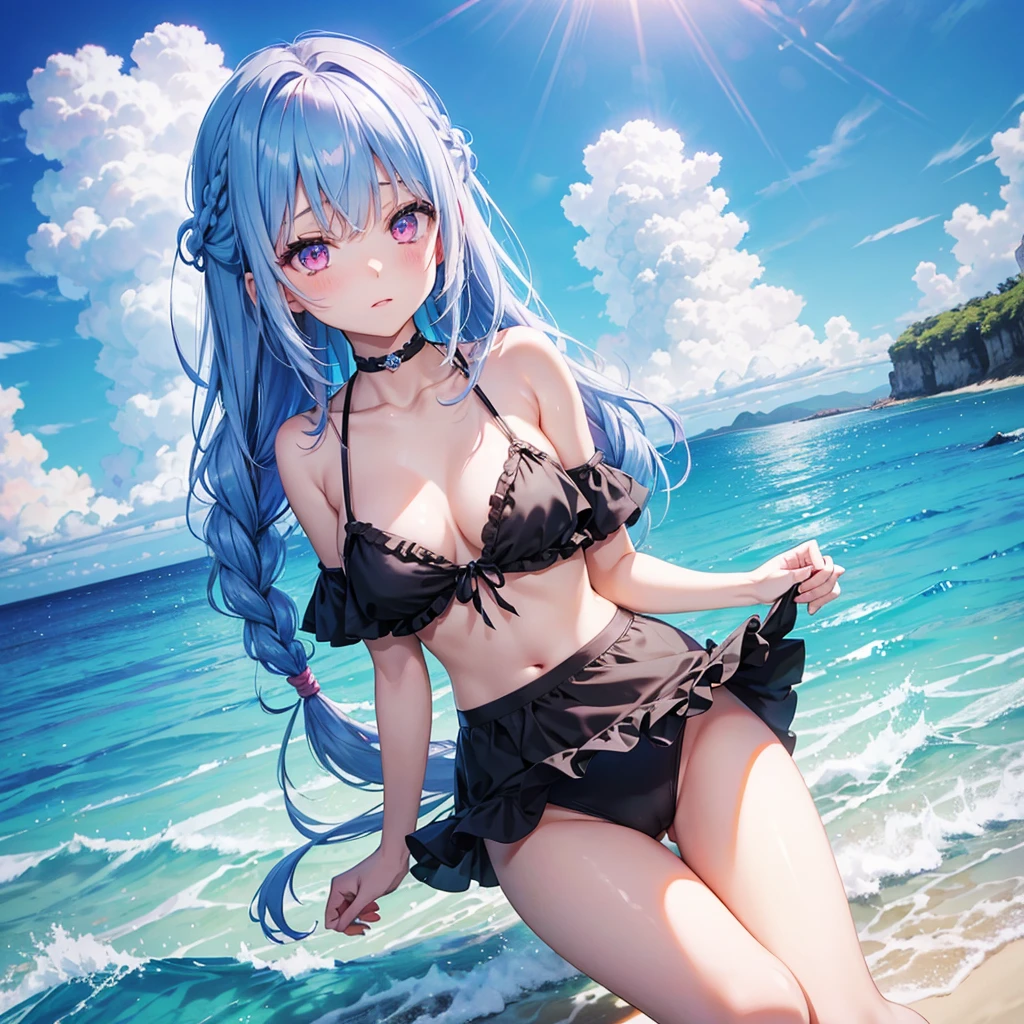 (Sky Blue Medium Hair),(Braided Hair)、Pink Eyes、Fair skin、(whole body)、(One Girl)、Black ruffled swimsuit、Shining white sand beach in midsummer、Okinawa&#39;Ocean、Big smile、、(masterpiece、Highest quality、Very detailed、Best Shadow)、(Detailed Background)、(Beautifully detailed face)、High Contrast、(Best lighting、Very delicate and beautiful)、((Cinematic Light))、colorful、Hyper Detail、Dramatic Light、Exquisite detail、