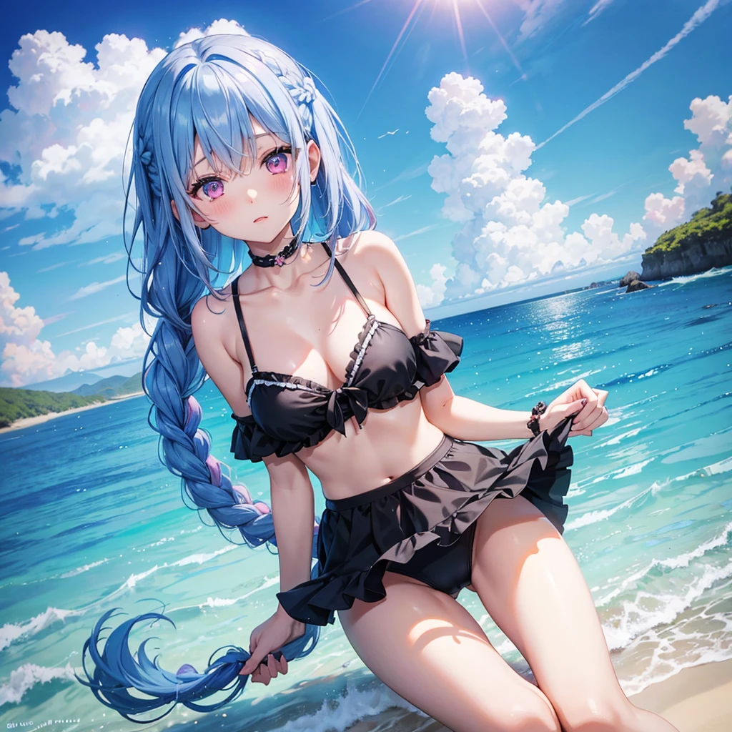 (Sky Blue Medium Hair),(Braided Hair)、Pink Eyes、Fair skin、(whole body)、(One Girl)、Black ruffled swimsuit、Shining white sand beach in midsummer、Okinawa'Ocean、Big smile、、(masterpiece、Highest quality、Very detailed、Best Shadow)、(Detailed Background)、(Beautifully detailed face)、High Contrast、(Best lighting、Very delicate and beautiful)、((Cinematic Light))、colorful、Hyper Detail、Dramatic Light、Exquisite detail、