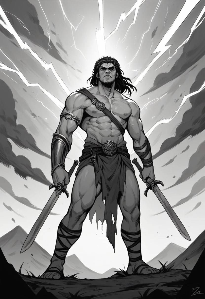 Zeus, the Greek god of thunder, standing on a mountaintop, wielding a lightning bolt, in black and white modern style."