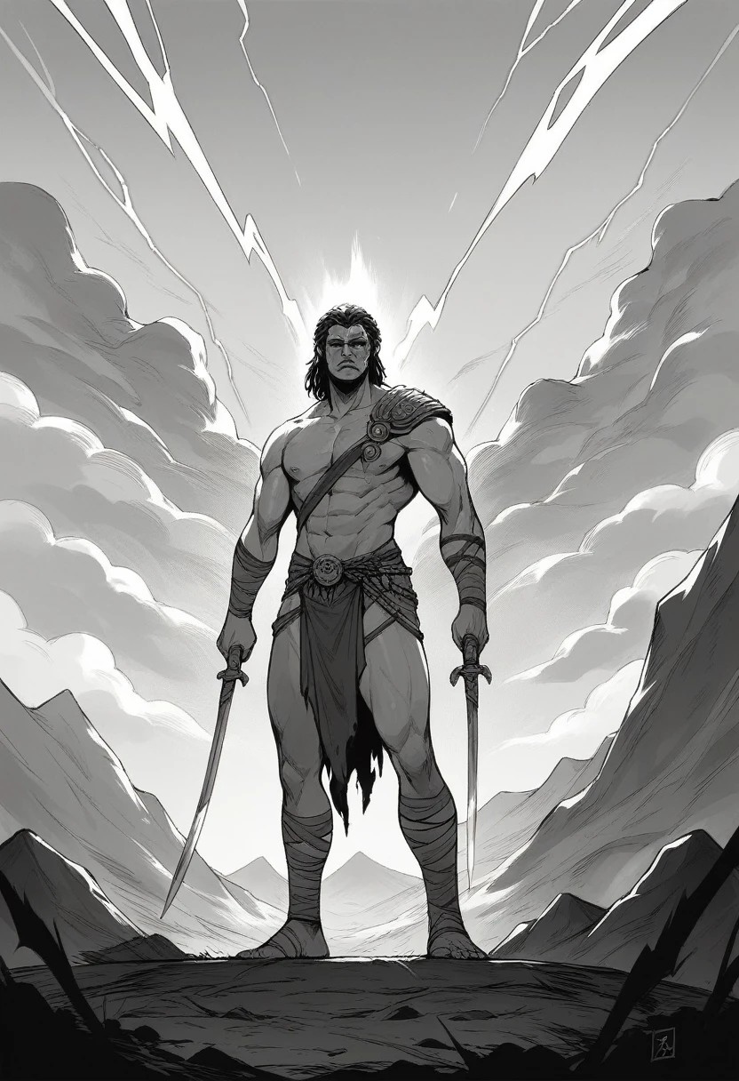 Zeus, the Greek god of thunder, standing on a mountaintop, wielding a lightning bolt, in black and white modern style."