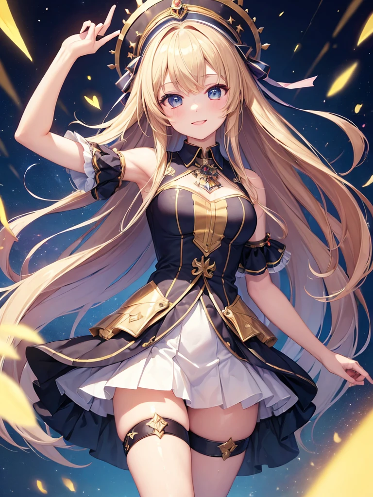 (masterpiece:1.5),(Beat quality),(high res),1girl solo,beautiful face,smile(shining eyes),light effects,チアガール,スタジアム