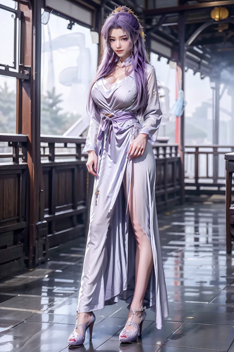 Chinese purple cheongsam，Long legs，Two meters tall，Large Breasts，full-body shot，Wearing purple high heels，Swimming