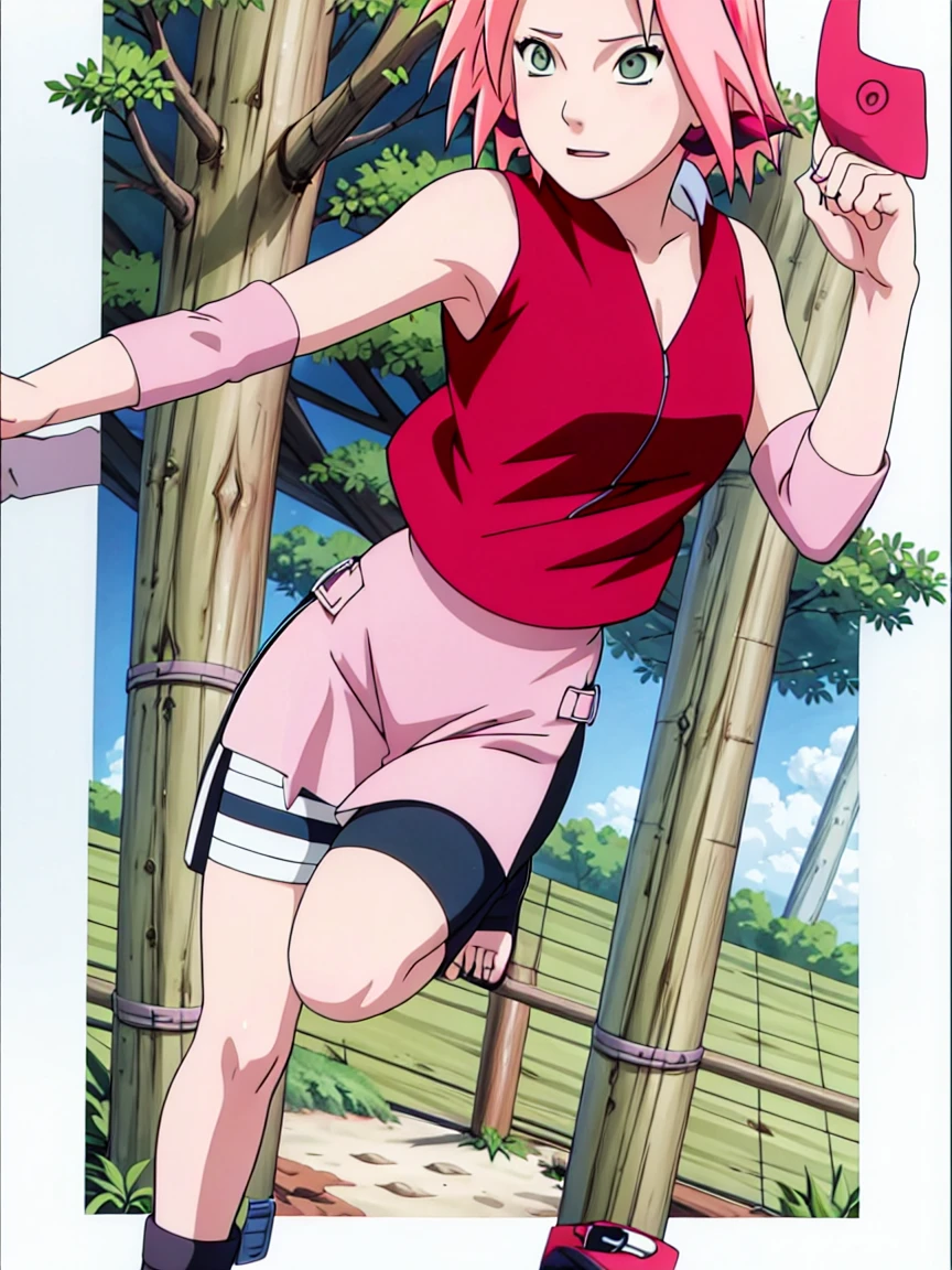 Sakura Haruno nude,wide hips,abdomen,sexy ,Show your armpits,jump,On the tree,IPST, naked,Torn shirt,blushing,sexually aroused, In the forest,open shirt,nipple,pink nipples,full body