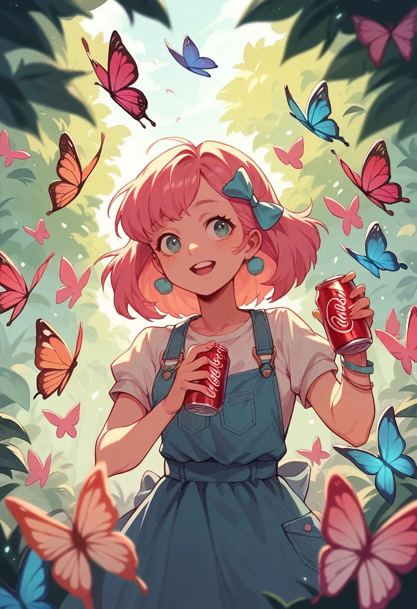 A pink coca cola in the can with several bows and butterflies