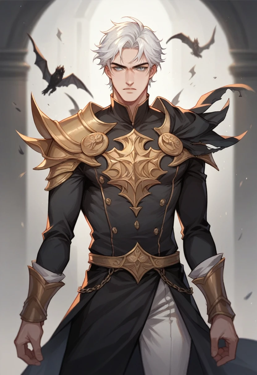 A realistic 25 year prince of darkness. He has grey eyes. Half black and half white hair. He is beautful but very strong and dangerous. Wearing all black prince outfit. 