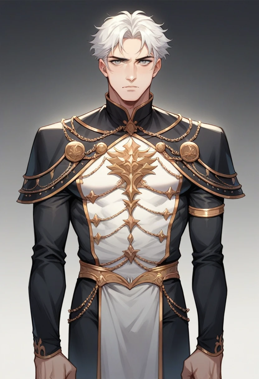 A realistic 25 year prince of darkness. He has grey eyes. Half black and half white hair. He is beautful but very strong and dangerous. Wearing all black prince outfit.