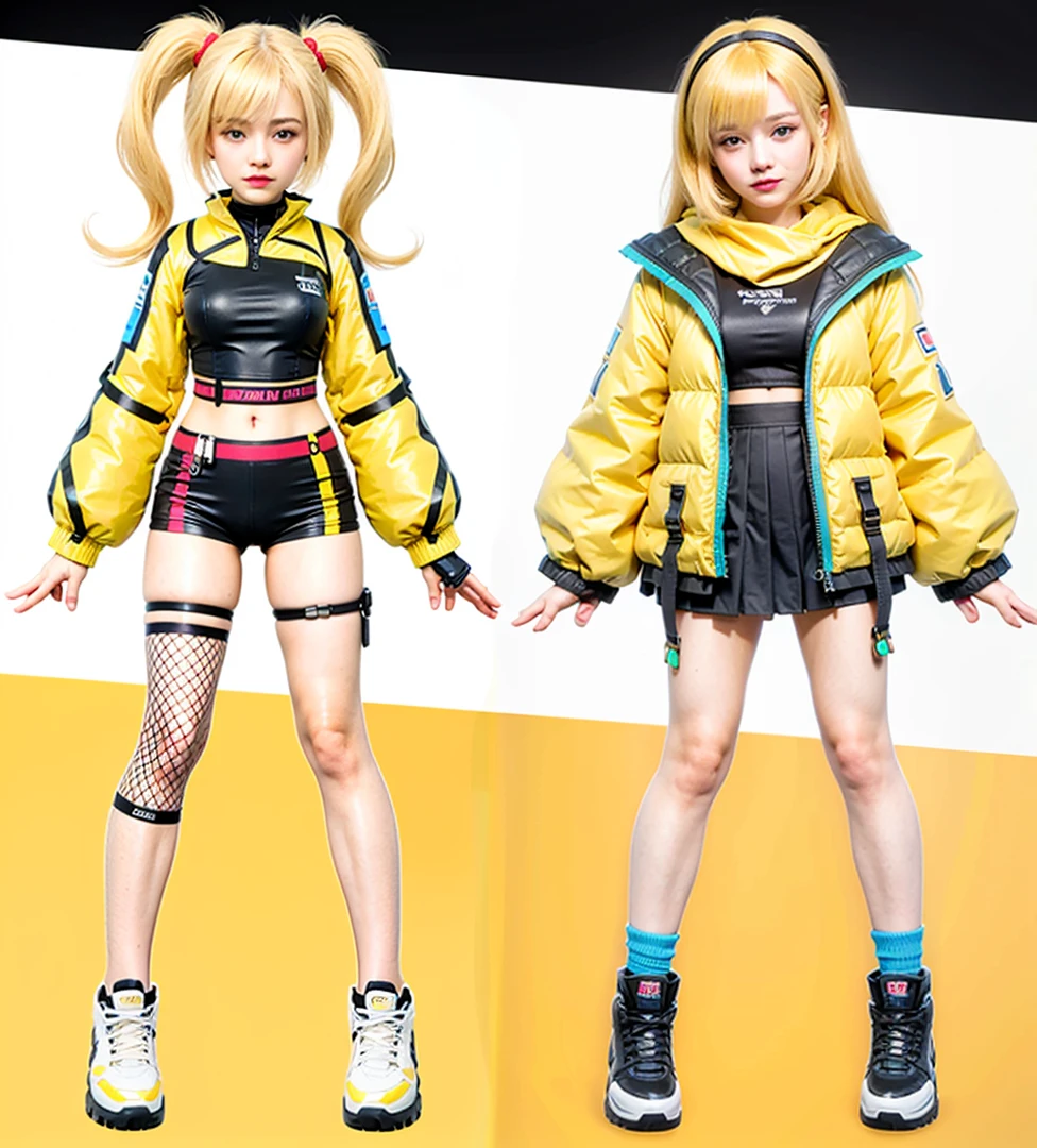 Feminine face, 2 woman, womans face, adult woman, bonitas, blond hair, happy face,Eyes blue, yellow and black tech wear jacket with, realisitic, More details, Cyberpunk background, The 70 mm