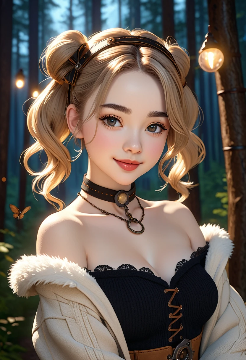 steampunkai。One Girl。Mechanical fairy。(smile)。(Close ~ eyes)。Floating in the air。Full body portrait。masterpiece, best quality, highly detailed, 1girl, solo, twintails, off-shoulder sweater, choker, jacket, hairband, looking at viewer, smile, blush, Wide Smile, Eyes Detailed & Wide, sexy Pose. Ultra HD, Rococo-Inspired Fantasy Art With Intricate Details. Cute, Charming Expression, Alluring-Gaze, looking at viewer Beautiful Eyes, An-Ideal-Figure. Large Youthful Well-Shaped-Breasts, Massive-Round-Bosom, Décolletage. slim waist, fit body, full lipsWarm lights , woman in a dreamy forest at night, with fluffy hair, delicate face, realistic, real, slim, large aperture, sexy shots, attractive poses,Stunnin gly beautiful merge ofSabrina Carpenter, symmetrical face, photorealistic, photography, path tracing, specular lighting, volumetric face light, path traced hairmaximum quality{(masutepiece) (8K High Resolution) (top-quality) In the style of breath of the wild.