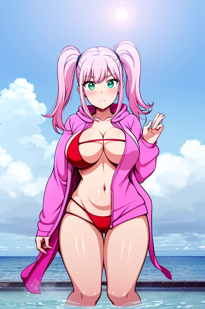 Anime, Anime Girl, Solo, 1girl, pink hair, long hair, pigtails, long pigtails, green eyes, beautiful eyes, glowing eyes, blushing eyes, confident look, confident eyes, pink bikini, pink hoodie, half covered hoodie, large breasts, cleavage, underboob, sideboob, cameltoe, thick thighs, slim waist, ocean, water, standing