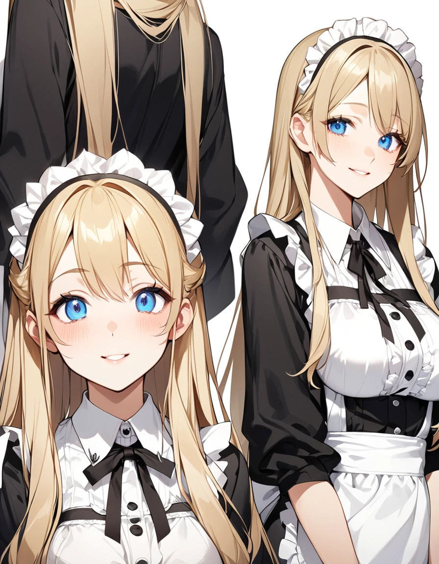 Beautiful girl in maid、(Top quality illustrations:1.2), (pretty girl:1.1), (1 girl、、Top quality illustrations:1.2), (1 girl、Kind eyes、blue eyes:1.2)、Blonde、Semi-long hair、Mature、Large Breasts、smile、(Black and white maid costume) 、sexy、White background、Simple Background
