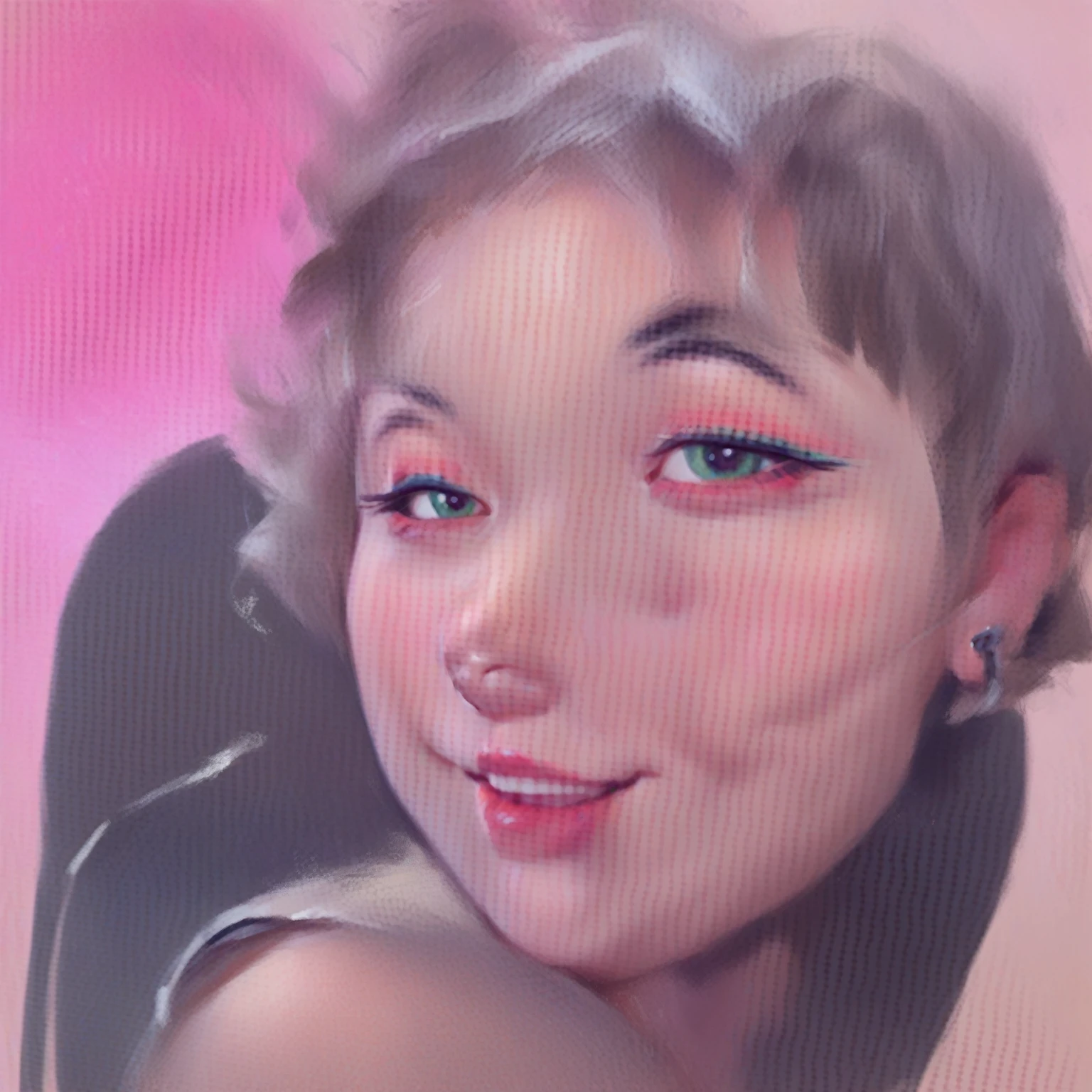 smudgy, traditional art, liu2, brush texture, score_9, score_8_up, score_7_up, score_6_up, score_5_up, score_4_up, BREAK 1girl, solo, portrait, short hair, smiling, (eyeliner:1.2), looking at viewer, hime-cut, detailed background, (masterpiece, high quality:1),
