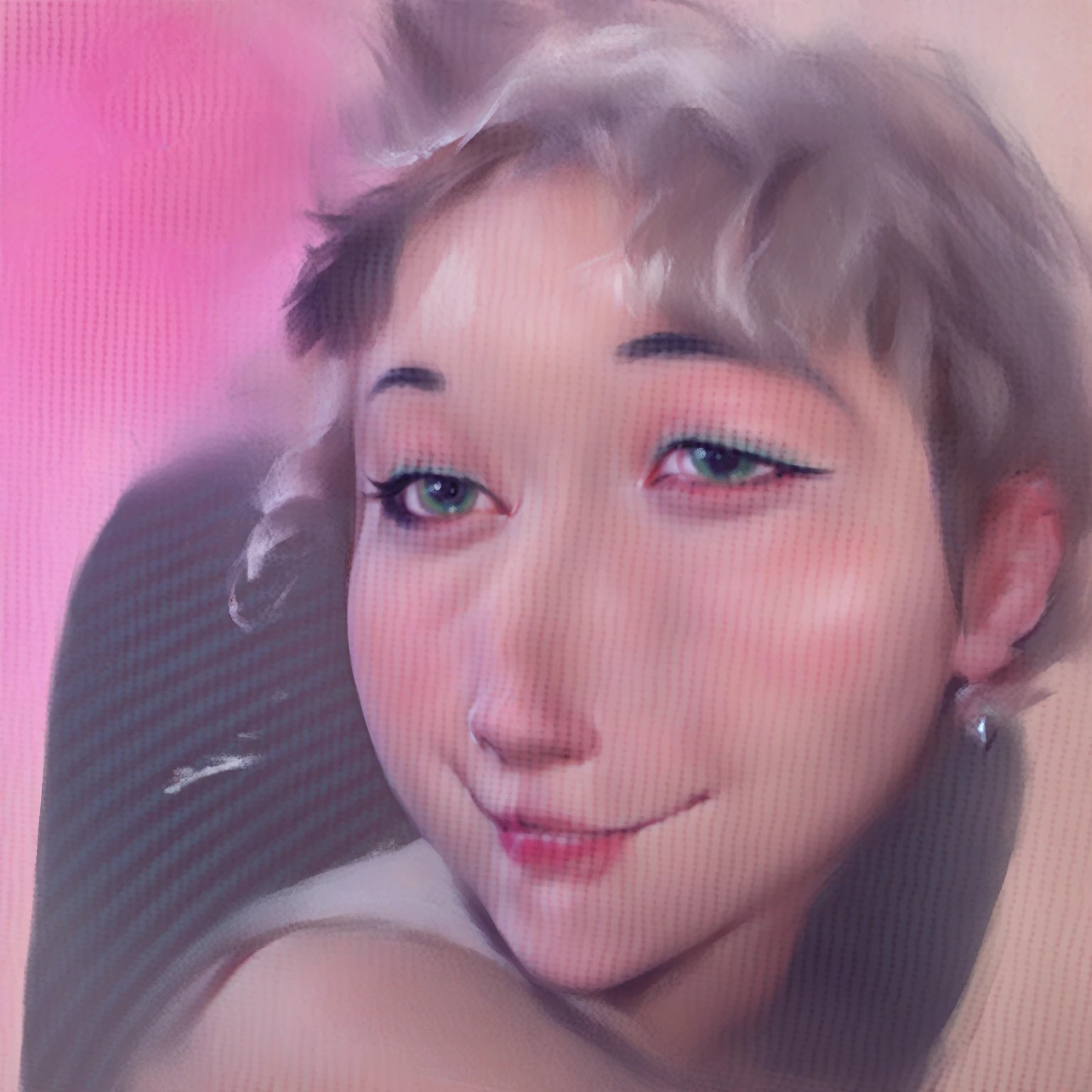 smudgy, traditional art, liu2, brush texture, score_9, score_8_up, score_7_up, score_6_up, score_5_up, score_4_up, BREAK 1girl, solo, portrait, short hair, smiling, (eyeliner:1.2), looking at viewer, hime-cut, detailed background, (masterpiece, high quality:1),