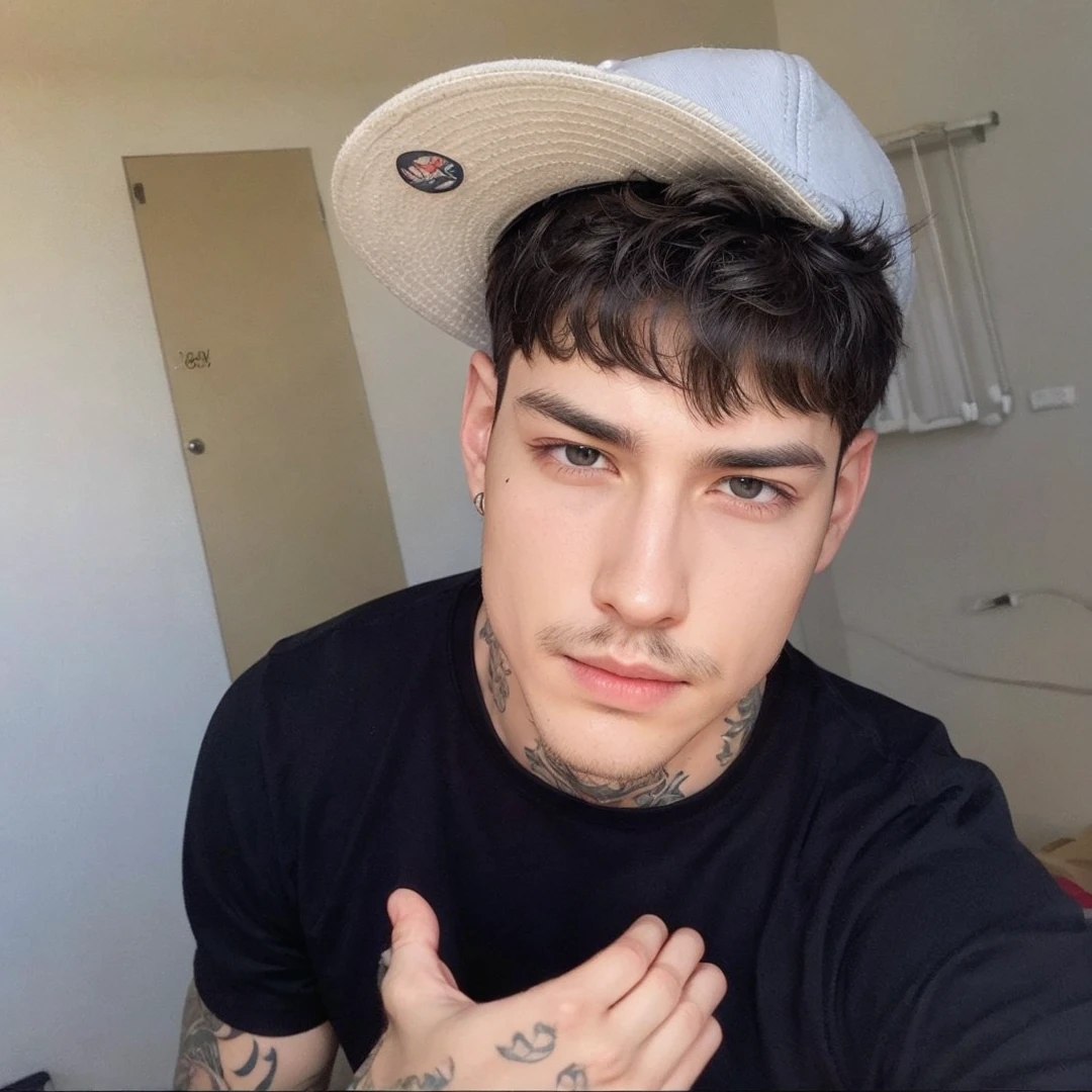 He wears a cap, straight hair and defined jawline, looking at camera and thin mustache, tatoo 