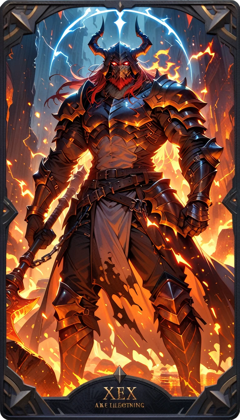 ((best quality)) , ((masterpiece)) , (detailed)，axe, 1boy, male focus, horns, glowing eyes, holding, beard, glowing, solo, weapon, holding axe, facial hair, muscular, fire, holding weapon, chain, looking at viewer, long hair, lightning, muscular male, red hair, horned helmet, armor, helmet, belt, fake horns, molten rock, feet out of frame, standing, battle axe, electricity,(((Tarot card illustrations, fonts, cards)))