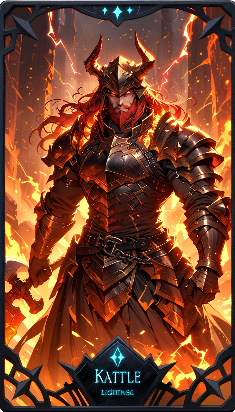 ((best quality)) , ((masterpiece)) , (detailed),axe, 1boy, male focus, horns, glowing eyes, holding, beard, glowing, solo, weapon, holding axe, facial hair, muscular, fire, holding weapon, chain, looking at viewer, long hair, lightning, muscular male, red hair, horned helmet, armor, helmet, belt, fake horns, molten rock, feet out of frame, standing, battle axe, electricity,(((Tarot card illustrations, fonts, cards)))