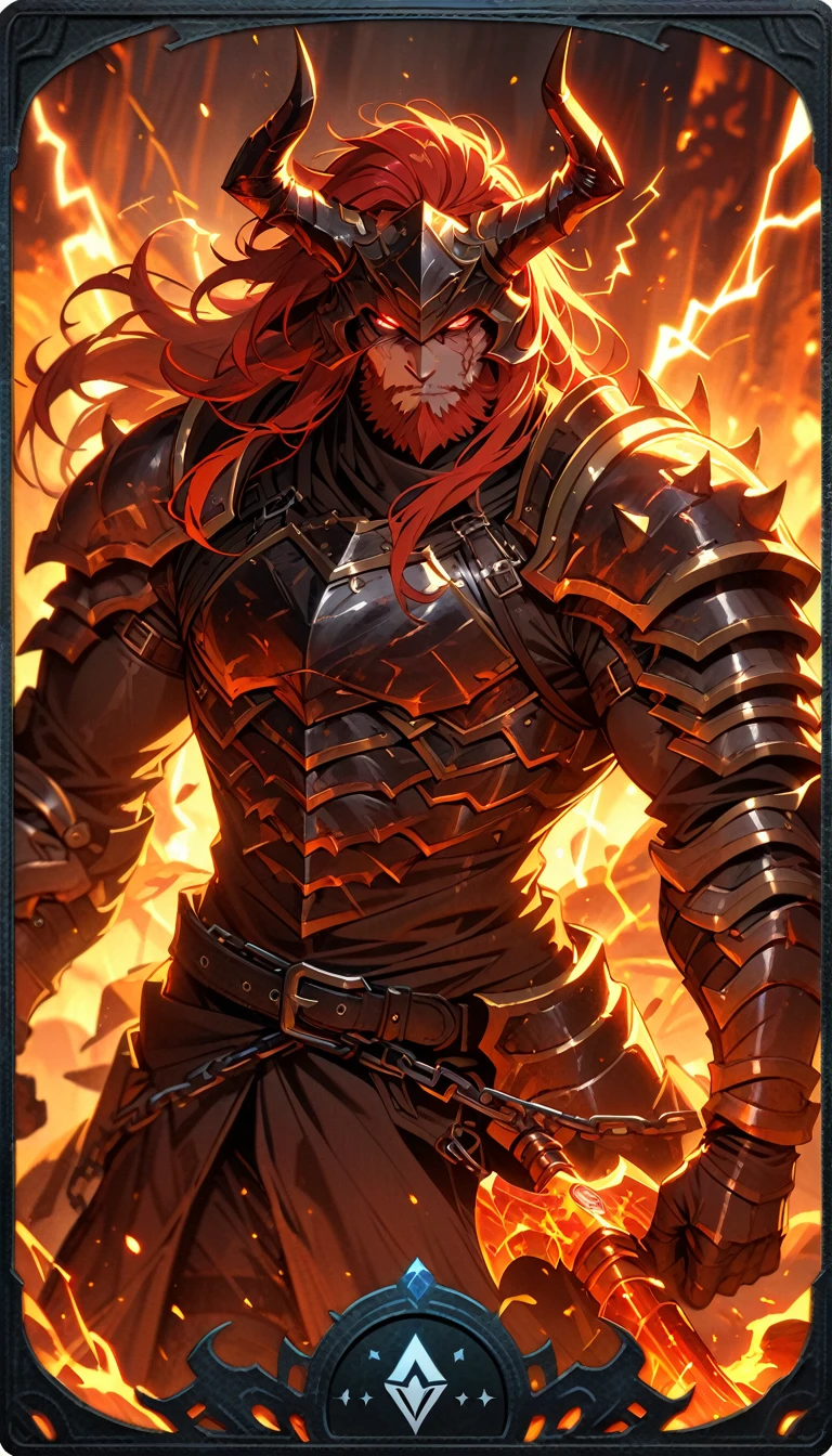 ((best quality)) , ((masterpiece)) , (detailed)，axe, 1boy, male focus, horns, glowing eyes, holding, beard, glowing, solo, weapon, holding axe, facial hair, muscular, fire, holding weapon, chain, looking at viewer, long hair, lightning, muscular male, red hair, horned helmet, armor, helmet, belt, fake horns, molten rock, feet out of frame, standing, battle axe, electricity,(((Tarot card illustrations, fonts, cards)))