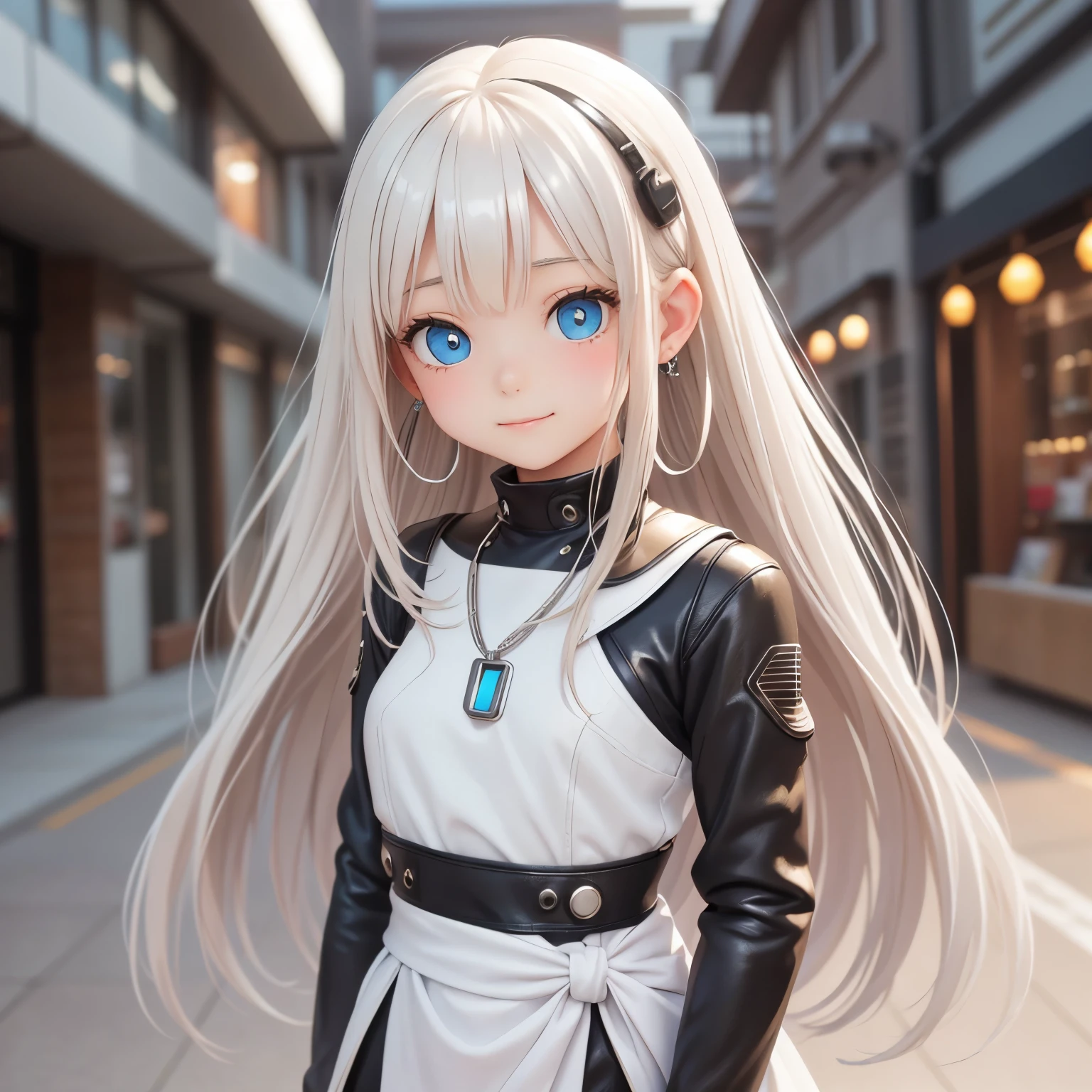 A woman wearing a helmet stands in front of a group of mannequins, Cyberpunk Art by Jim Barnes, society, retrofuturism, Daz3d, PS1 Graphics, Dystopian art、thin and soft hair、Dynamic、Earrings、necklace、Beautiful glowing white skin,、 bright, Refreshing and gentle look, Perfect beautiful pretty face, Shiny platinum blonde straight long hair reaching down to her waist, Beautiful shiny bangs, ((Very beautiful and beautiful4Year old girl)), eyeliner, so perfect and beautiful, Big clear sky blue eyes, bright eye highlights, Baby Face、Cute smile、Long eyelashes、Cute figure、Looking down on a young girl from above、photograph、high quality、24k、16k、quality、