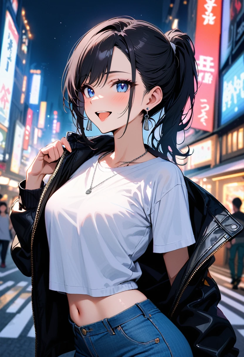 (masterpiece, best quality:1.3), (A young woman, 19-years-old, solo, Caucasian, black hair tied back in a ponytail, swept bangs, cheerful smile, mouth open, blue eyes, perfecteyes:1.1), (black leather jacket, white cropped t-shirt, navel, thin silver necklace, small silver earrings, light blue denim pants, Tokyo city, upper body, night:1.2)