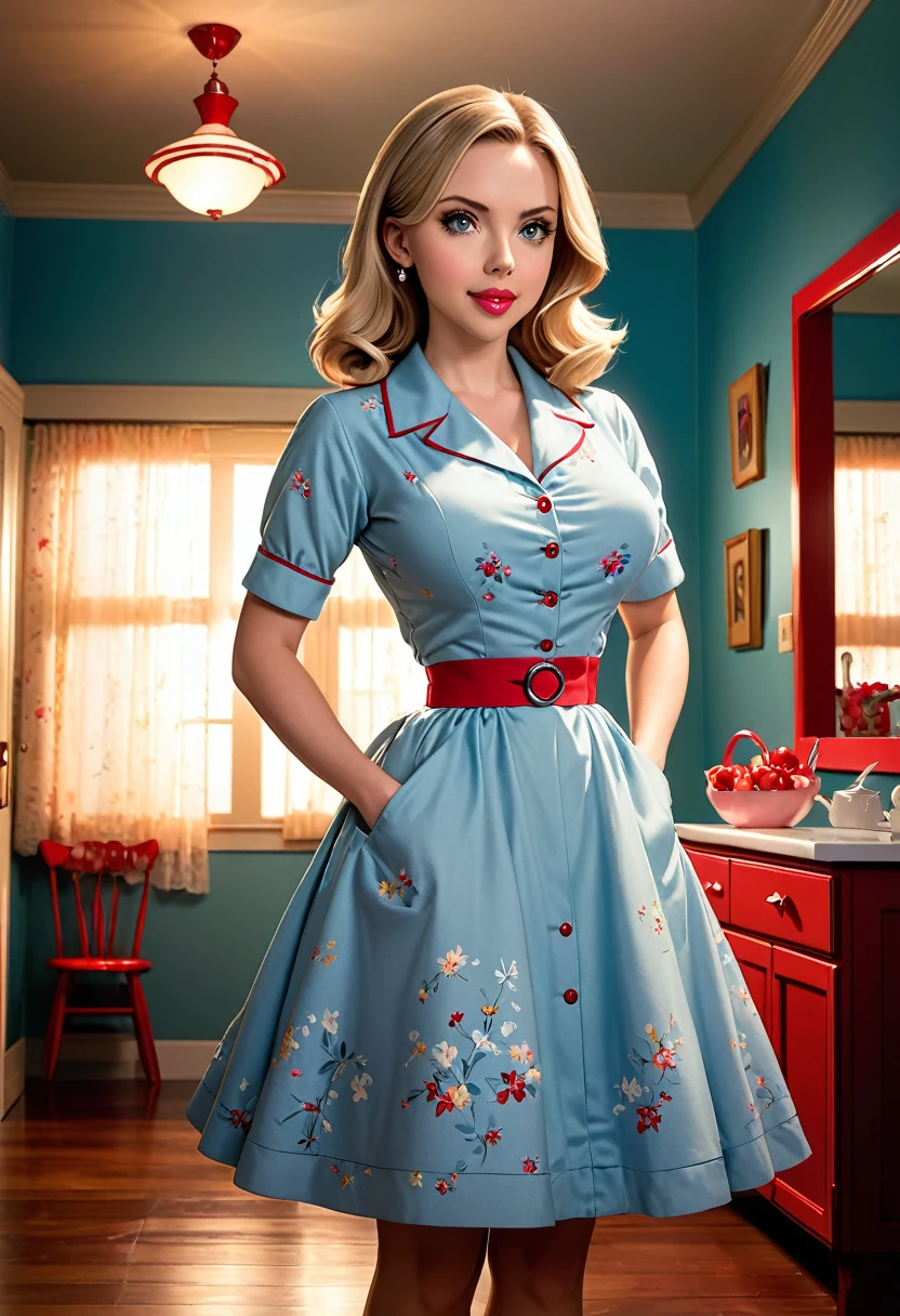 50s house wife. full length. featuring warm lighting and shadows. should be of the highest quality, a masterpiece with intricate details. Hands on hips. cute 50s house wife dress. Red high heels. She should have luscious lips, a wide smile, and bright, expressive eyes, exuding beauty, cuteness, and adorableness. Ensure the image is high resolution and sharply detailed, with a detailed and vibrant background. Scarlett Johanson, Alison Brie, Dove Cameron Incorporate mystical lighting in the background, creating a romantic and enchanting atmosphere.
