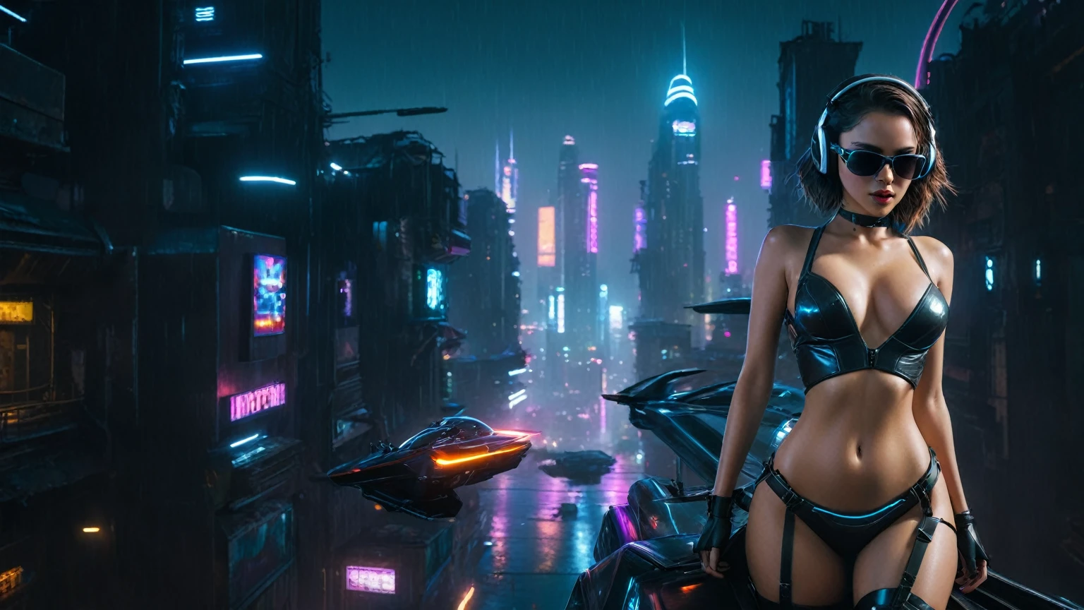 (aerial view, a flying cars docking platform, a very dark abandoned futuristic city, neon lights), rainy night. 1girl, solo, alone, large-breast:1.2 slim body, cleavage:1.1, sexy wind blowing wet dress:1.4, (headphone, black sunglasses), (((she raised a pistol:1.8 and took aim))), dynamic pose, (((half-body thigh level medium shot))), cinematic lighting, lens flare, ray tracing.