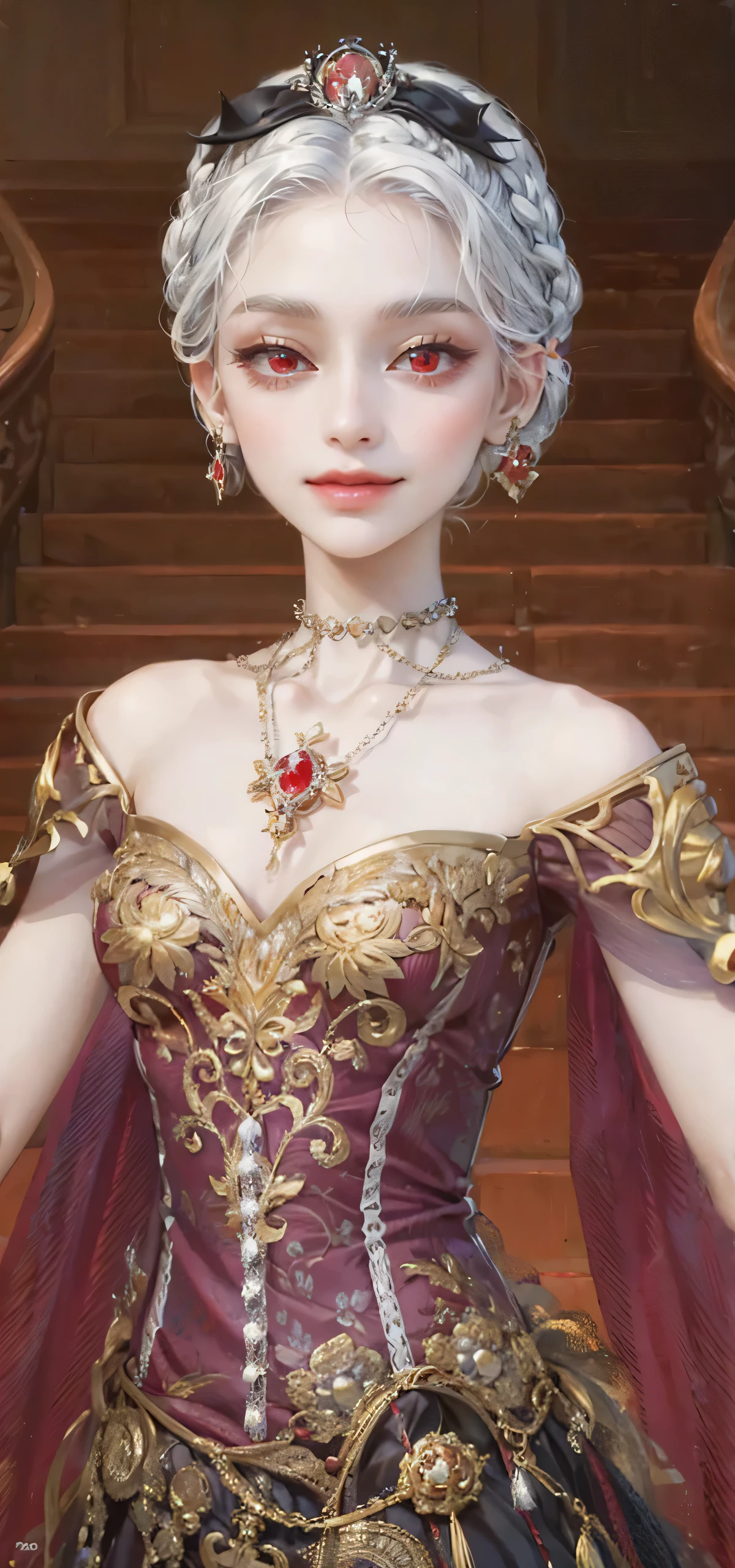 (masterpiece, top quality, best quality, official art, enchanting and aesthetic:1.2), 1female, white silver hair, royal braided hair bun, red eyes, dress, jewelry, small smirk, foxy eyes, high quality details, 4k eyes, no teeth, small smirk