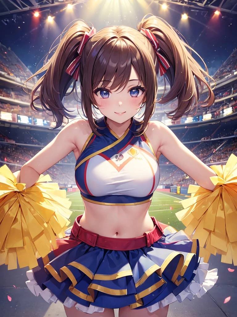 (masterpiece:1.5),(Beat quality),(high res),1girl solo,beautiful face,smile(shining eyes),upper body,light effects,Cheer Girl Women,Stadium