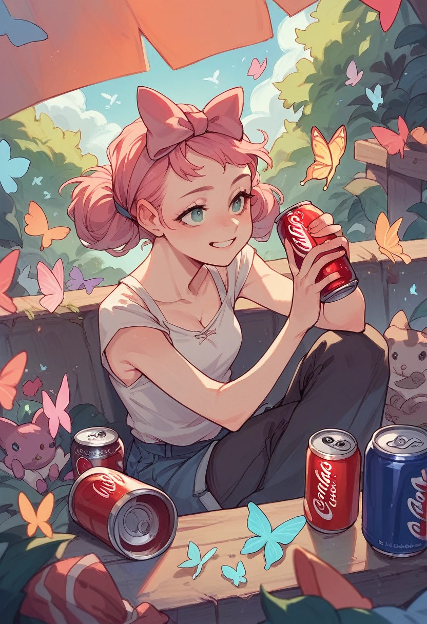 A pink can of Coca Cola in the can with several bows and butterflies