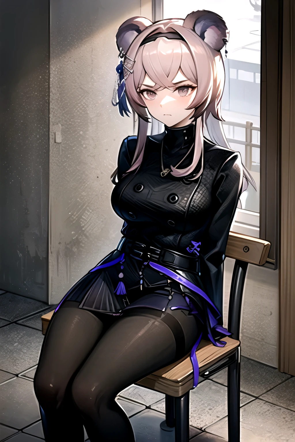 highest quality, masterpiece, High resolution, one person in, {Rin_Arknights:0.90}, 1 girl, black_dress, length_sleeve, looking for_in_Audience, cowboy_shot, Closed_mouth, ((hands tied behind)), ((arms behind back)), wide_sleeve, black_pantyhose, formal_alternine_Costumes, underground, Concrete floor, Concrete wall, underground room, Make a frown, sitting on the chair, pipe chair, Thighs together, black tights, Closed legs,