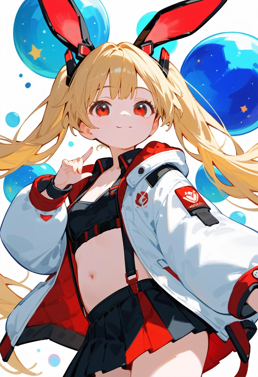 1girl, ,little_girl,ruby, blonde hair, twintails, bangs, red eyes, very long hair, crystal bunny ears, futuristic rabbit ears, wide sleeves, very short jacket, open jacket, white jacket, suspenders, futuristic outfit, bubbles, a space background in the background, 1girl, solo, skirt, blonde hair, long hair, navel, very long hair, white background, pleated skirt, long sleeves, cute, dynamic angle, cheerful