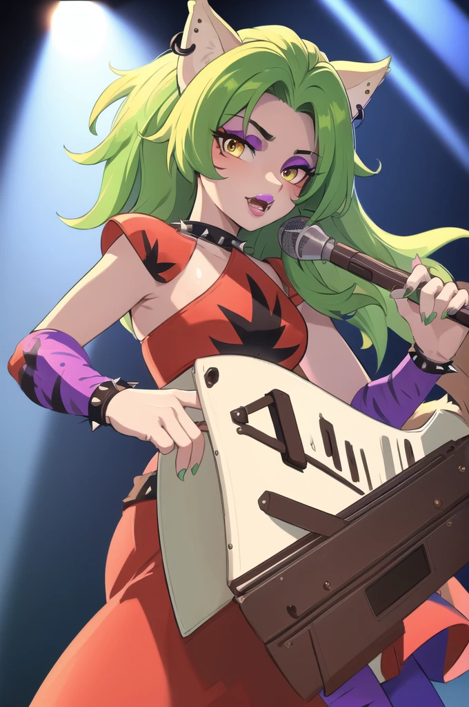 (masterpiece, best quality:1.2), cowboy shot, solo, 1girl, fnafroxanne, furry female, body fur, makeup, holding, instrument, holding guitar, wolf ears, crop top, collar, spikes, jewelry, ear piercing, bracelet, wolf tail, concert, spotlight