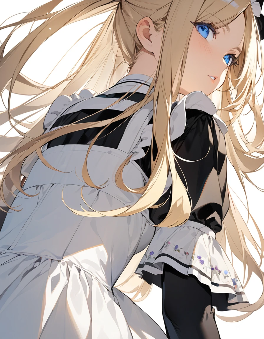 Beautiful girl in maid、(Top quality illustrations:1.2), (pretty girl:1.1), (1 girl、17 years old、Top quality illustrations:1.2), (1 girl、Kind eyes、blue eyes:1.2)、Blonde、Semi-long hair、Mature、(Black and white maid costume) 、from behind, from below, hip focus、White background、Simple Background