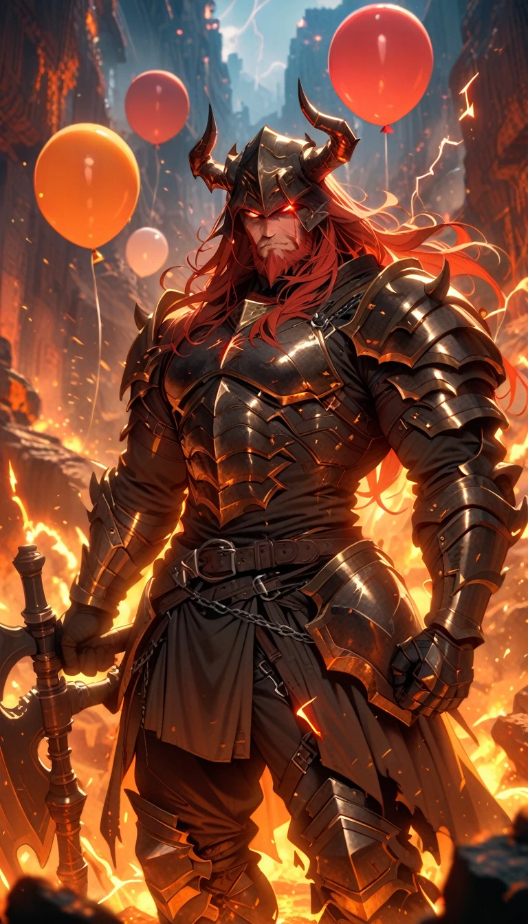 ((best quality)) , ((masterpiece)) , (detailed)，axe, 1boy, male focus, horns, glowing eyes, holding, beard, glowing, solo, weapon, holding axe, facial hair, muscular, fire, holding weapon, chain, looking at viewer, long hair, lightning, muscular male, red hair, horned helmet, armor, helmet, belt, fake horns, molten rock, feet out of frame, standing, battle axe, electricity,(((balloon)))