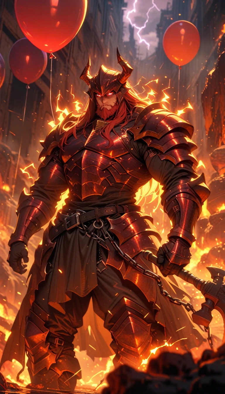 ((best quality)) , ((masterpiece)) , (detailed),axe, 1boy, male focus, horns, glowing eyes, holding, beard, glowing, solo, weapon, holding axe, facial hair, muscular, fire, holding weapon, chain, looking at viewer, long hair, lightning, muscular male, red hair, horned helmet, armor, helmet, belt, fake horns, molten rock, feet out of frame, standing, battle axe, electricity,(((balloon)))