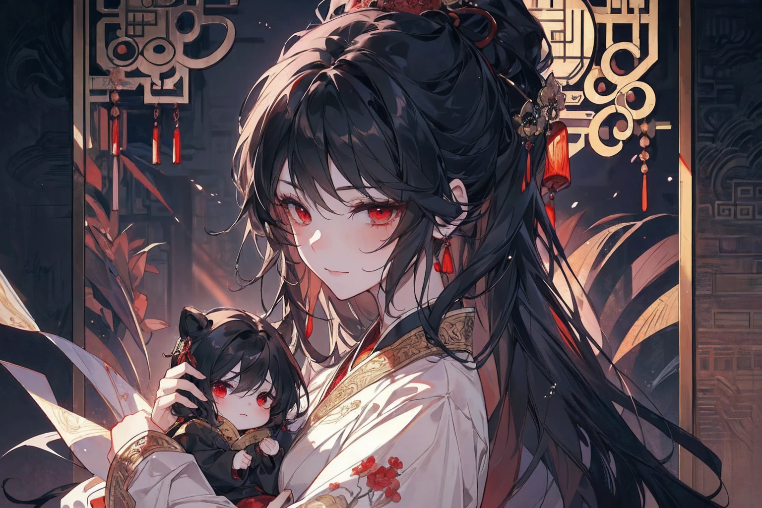 (extremely detailed 8K wallpaper),(ultra-detailed),(best quality),(masterpiece),(highly detailed),(cinematic lighting),(Original),Cold ligh，moody,(Chinese elaborate-style painting ),ink style, black hair, red eyes, sweet smile, sad face, holding her little baby
