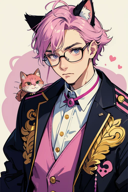a male cat like a mascot character, a bit of an old man, wearing stylish and fashionable Italian jacket mixed-colored by white/pink/purple color, wearing glasses, small mouth, mouth closed, a little bit cat eye syndrome