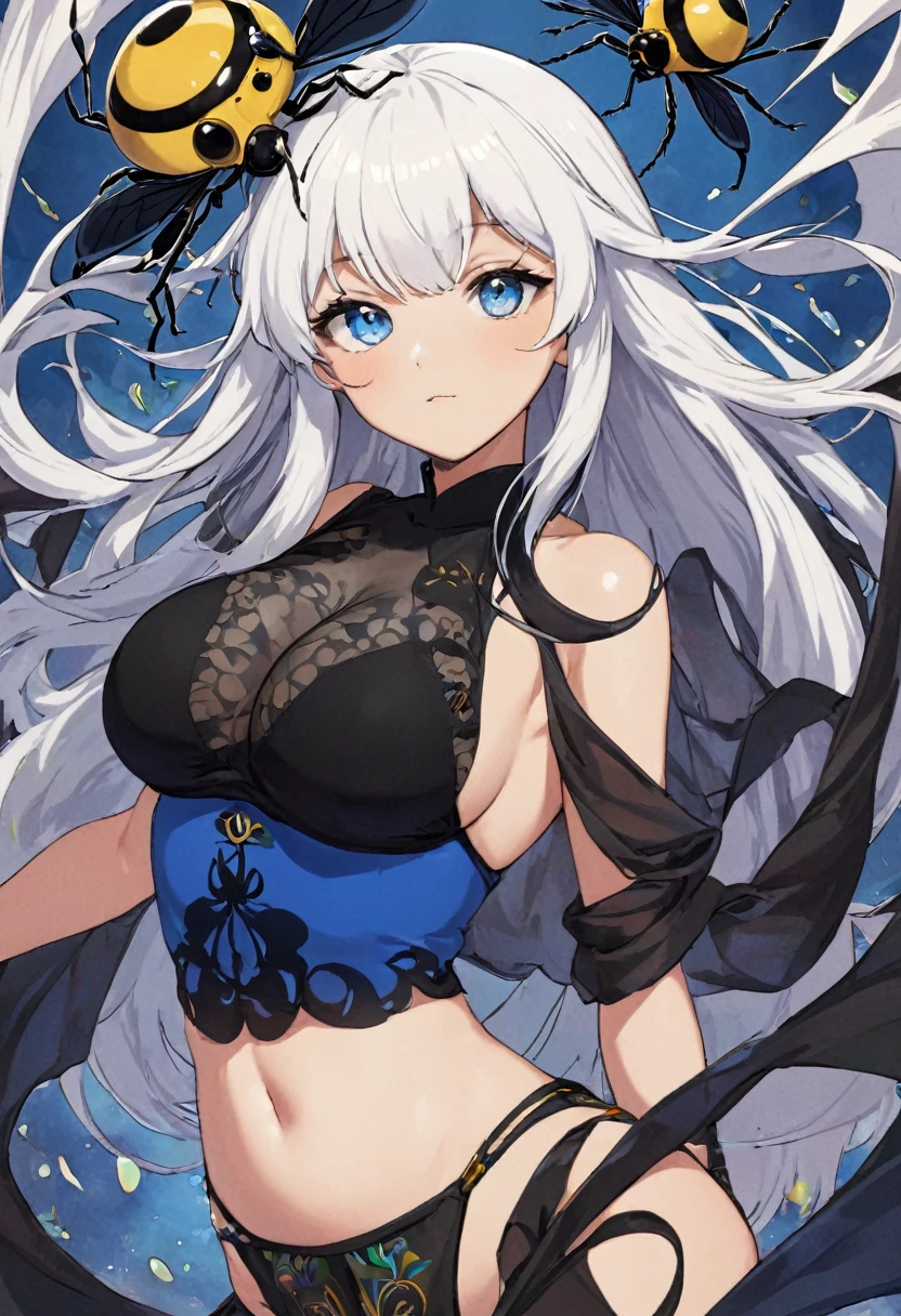 1girl, anime, cute girl, blank background, white background, fantasy, detailed fantasy dress with highlights, beautiful face, beautiful eyes, dark colors, black hair with multicolor streaks, red eye with different color pupil in eye, multicolor eye, medium breasts, slight cleavage, beautiful skin, cute, breast curtains, extremely delicate and beautiful, (beautiful detailed face:1.0), (detailed deep eyes), symmetrical breasts, deep eyes, shiny skin, portrait, slender waist, hips wider than shoulders, thighs, expressionless, young girl, luminous eyes, adorable，（Kpop idol）,（aegyo sal：1），（Platinum blonde hair：1），（（puffy eye）），Black panty，sexy posture，Superskirt, Ultra-high resolution，Black collar，slim figure, Abdominal y tattoo, womb tattoo，Tight-fitting leg ring，y tattoo on half-body，Bare skin, Armored hand，Hidden fingertips，Hand covered，Arm covered，Fist covered,{{beautiful detailed fingers}}, tufts of hair, moderate beautiful breast:1.0,(masterpiece:1.2), best quality, high-res, HDR, perfect face, intricate armor, delicate blue filigree, intricate filigree, red metalic parts, detailed part, dynamic pose, dynamic lights, cute face, neutral expression